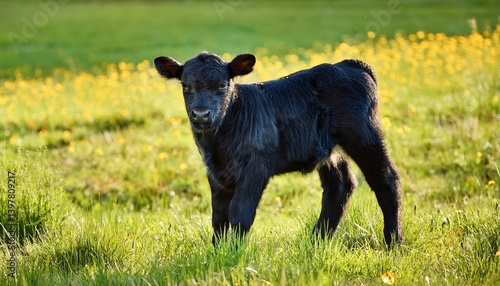 Black baldy calf in lush spring pasture