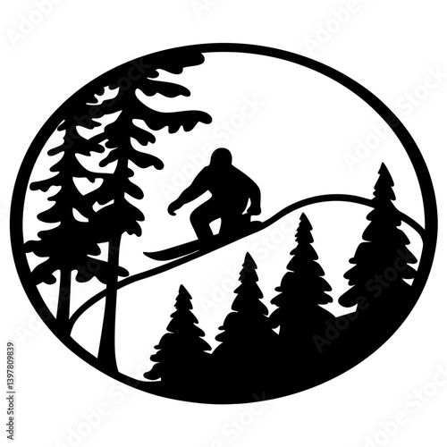 Snowboarder in Snowy Mountains Winter Sports Silhouette Design