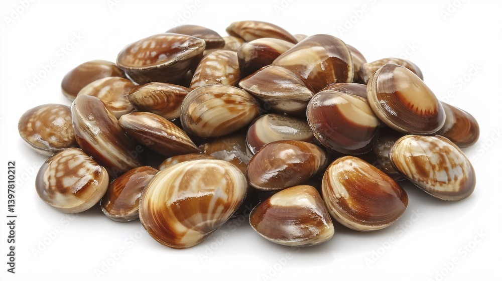 Fresh Manila clams pile, white background, seafood recipe ingredient Fresh Manila clams pile, white background, seafood recipe ingredient