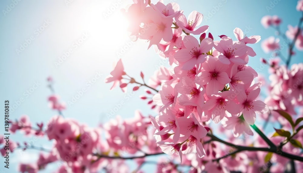 Sunlit cherry blossoms, delicate pink petals against a bright sky, blooming, texture Sunlit cherry blossoms, delicate pink petals against a bright sky, blooming, texture