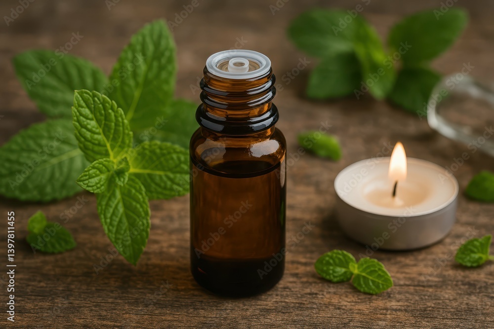 Aromatic Essential Oils in Amber Bottle with Fresh Mint Leaves Aromatic Essential Oils in Amber Bottle with Fresh Mint Leaves