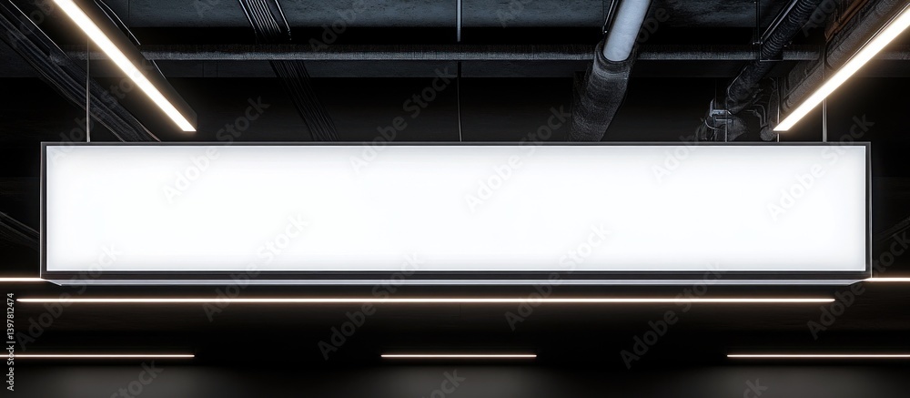 A large rectangular illuminated sign hanging from a dark ceiling A large rectangular illuminated sign hanging from a dark ceiling