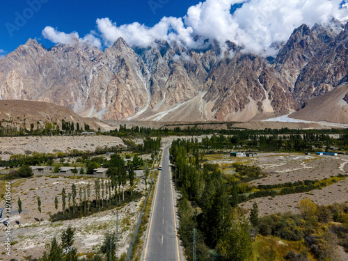 Aerial view of passu cones and passu village in a picturesque valley surrounded by majestic mountains, Hunza, Gilgit Baltistan, Pakistan.