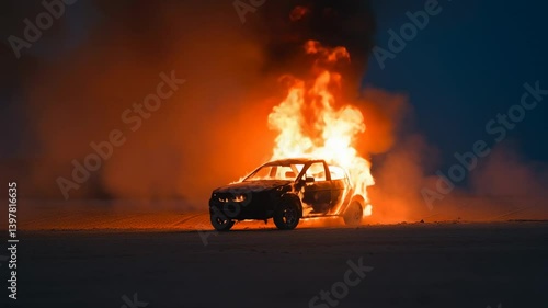 Burning car amidst flames and smoke at night creating a dramatic and intense atmosphere