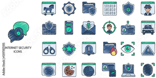 Internet Security simple concept 24 hand drawn color icons set. Contains such encryption, firewall, protection, defense, infrastructure, security .Vector illustration.