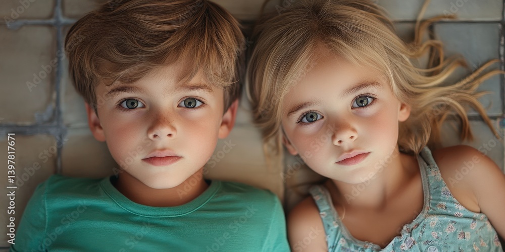 Sun-drenched moment: a boy and girl relax on cool tiles, gazing directly at the camera. Playful and serene Sun-drenched moment: a boy and girl relax on cool tiles, gazing directly at the camera. Playful and serene