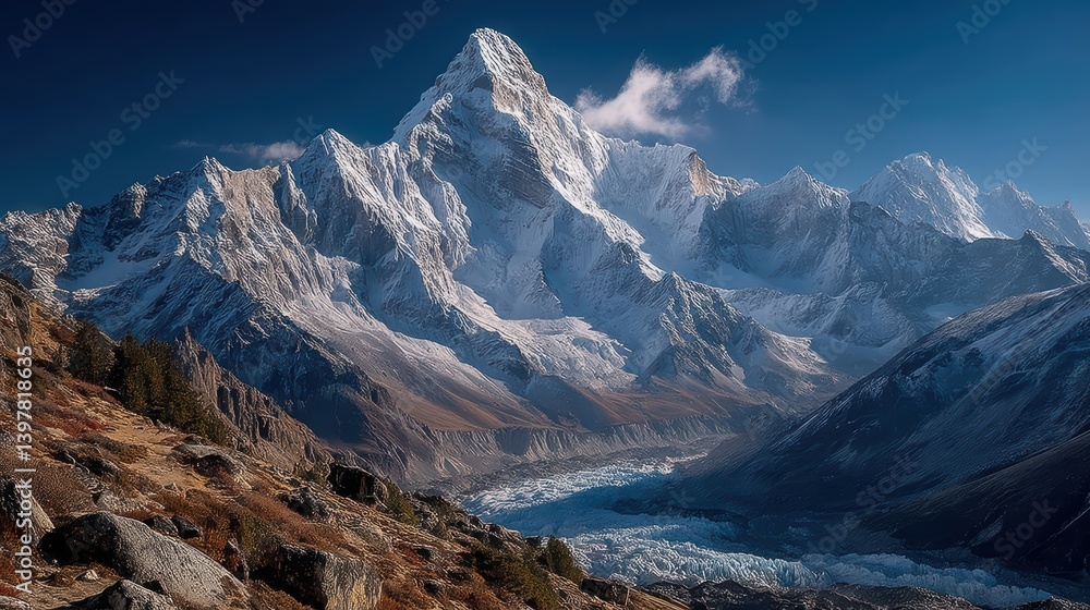 Obraz premium Himalayan-style Snow Peak Panorama with Jagged Ridges and Deep Valleys.Magnificent natural landscape with rocky terrain.