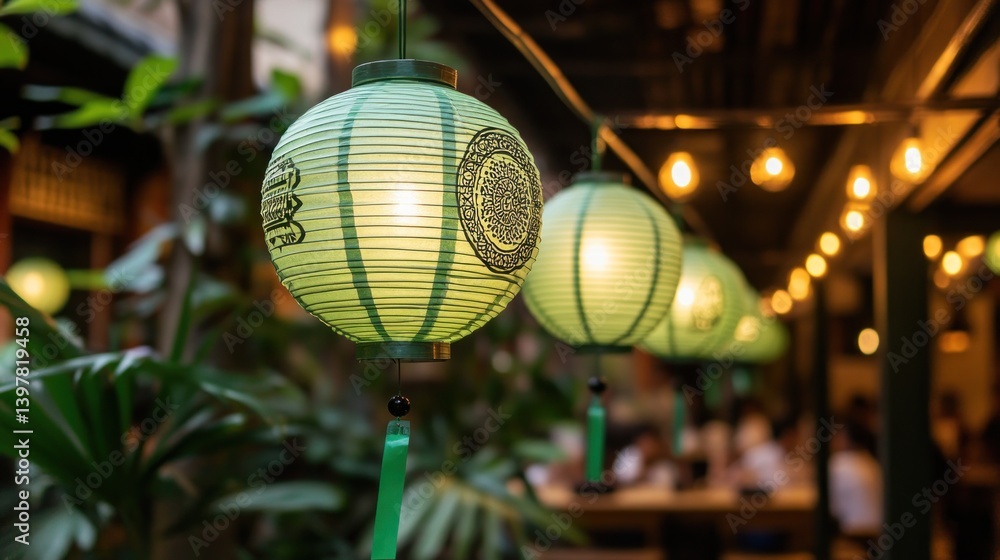 Fototapeta premium Green paper lanterns are illuminated for an elegant outdoor ambiance