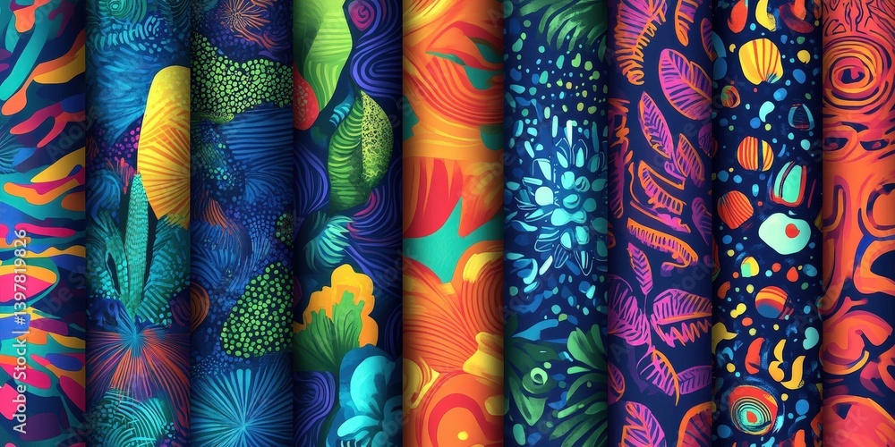 Bold abstract patterns burst with vibrant blues, greens, yellows, oranges, and reds. A captivating display of unique shapes and color Bold abstract patterns burst with vibrant blues, greens, yellows, oranges, and reds. A captivating display of unique shapes and color