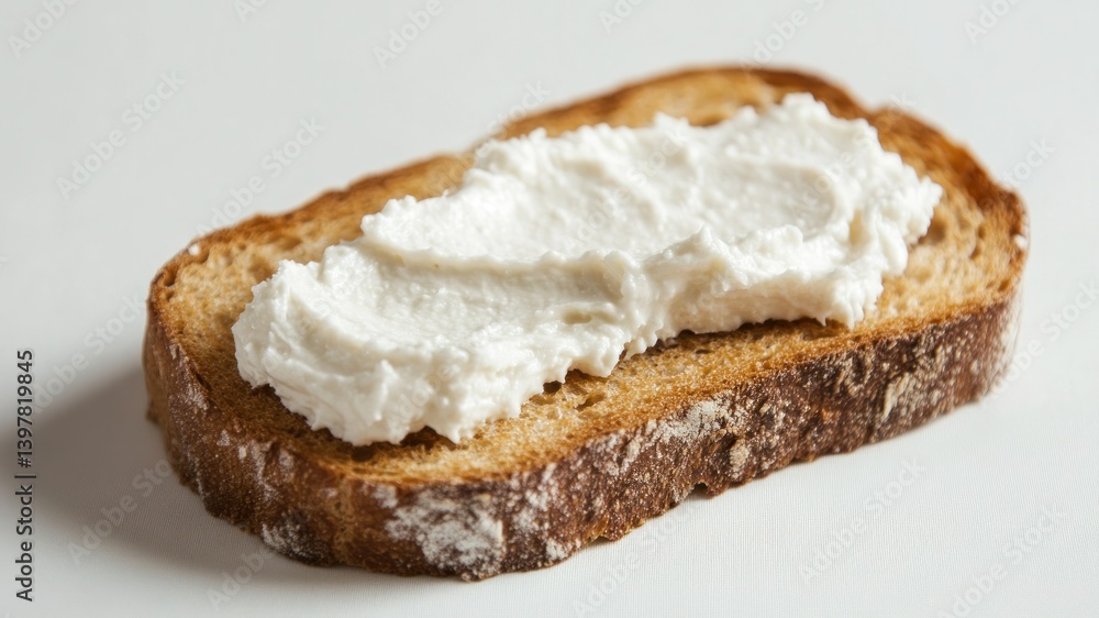 Toasted bread slice topped with creamy ricotta cheese, a simple food item. Toasted bread slice topped with creamy ricotta cheese, a simple food item.