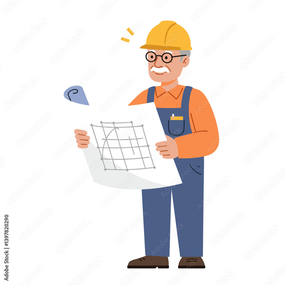 Senior engineer smiling while holding building plans against white background Senior engineer smiling while holding building plans against white background