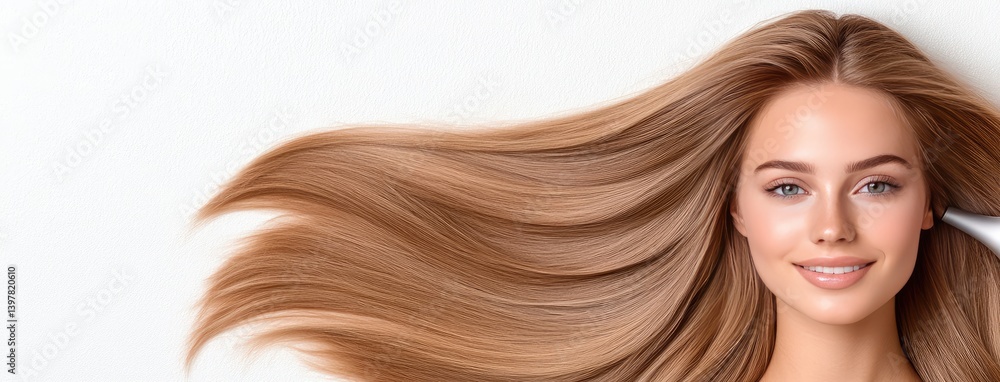 A beautiful woman showcases her flowing hair and stunning features as she poses against a simple white backdrop with green leaves A beautiful woman showcases her flowing hair and stunning features as she poses against a simple white backdrop with green leaves