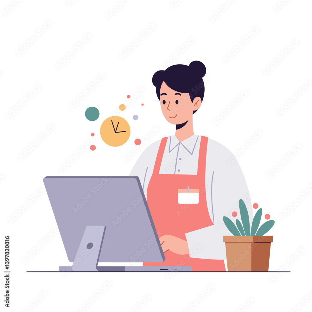 Friendly shopkeeper working at a computer with a plant nearby Friendly shopkeeper working at a computer with a plant nearby