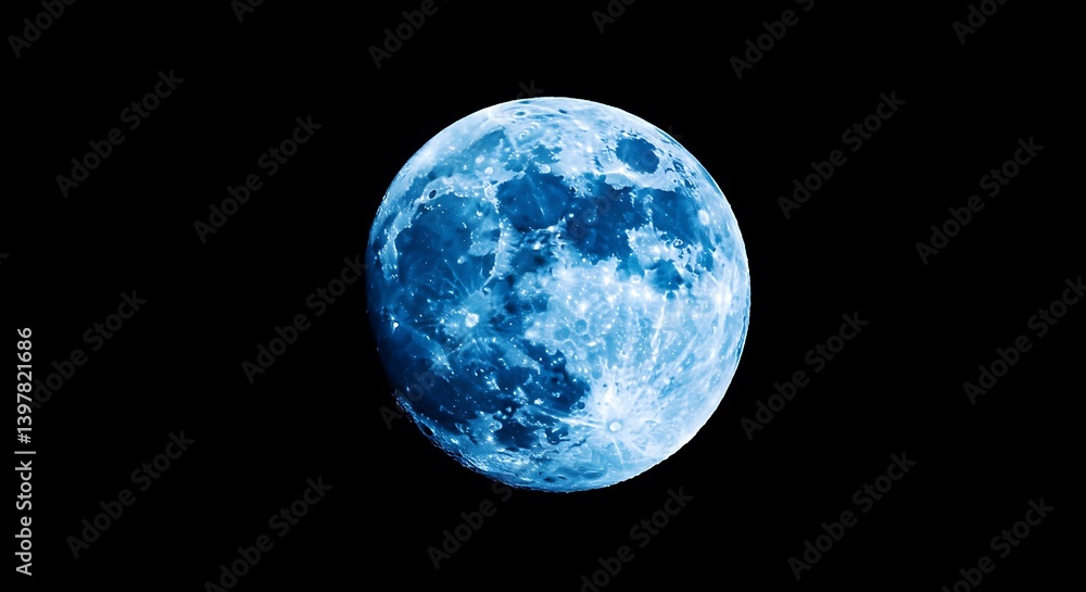 Blue Super Moon with Glowing Halo – Isolated on Black Night Sky Background Blue Super Moon with Glowing Halo – Isolated on Black Night Sky Background
