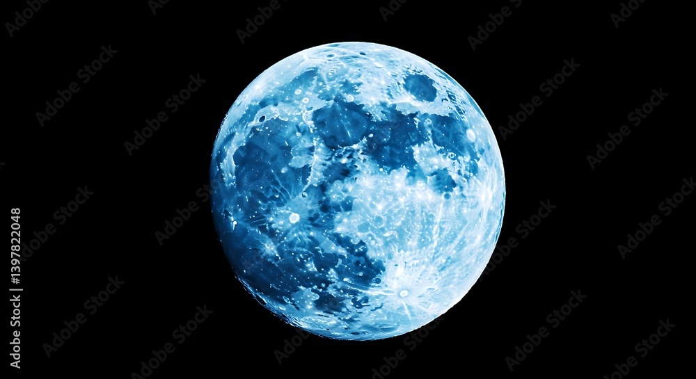 Blue Super Moon with Glowing Halo – Isolated on Black Night Sky Background Blue Super Moon with Glowing Halo – Isolated on Black Night Sky Background