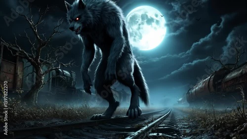 A fearsome werewolf prowls a deserted train track under a full moon, creating an eerie and supernatural scene.  
