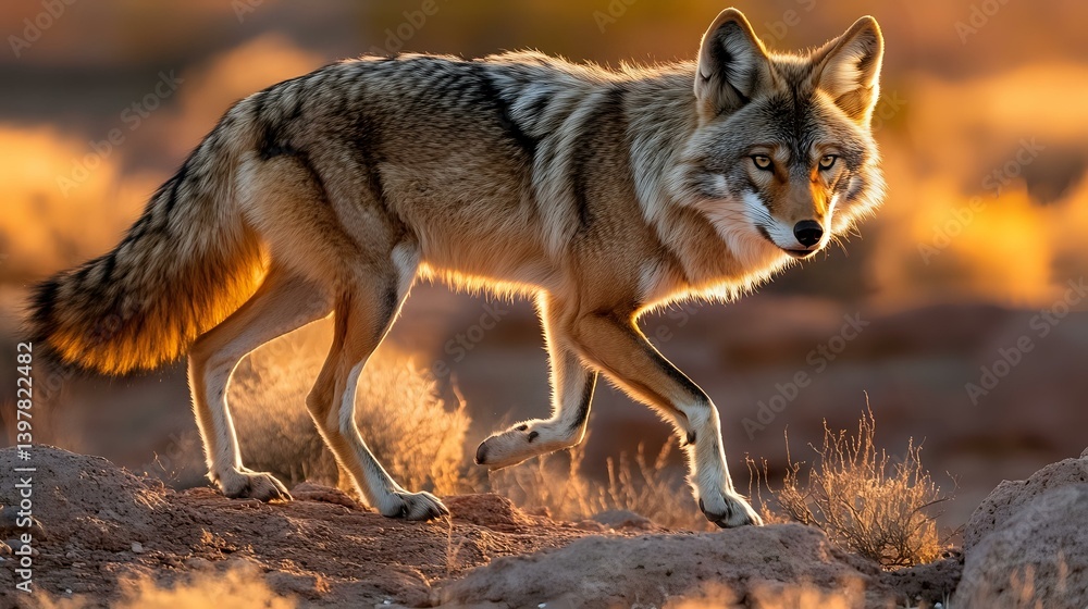 A cunning coyote prowling across an open desert, focused gaze locked in, ultra-sharp macro shot, soft warm sunset light highlighting fur texture A cunning coyote prowling across an open desert, focused gaze locked in, ultra-sharp macro shot, soft warm sunset light highlighting fur texture
