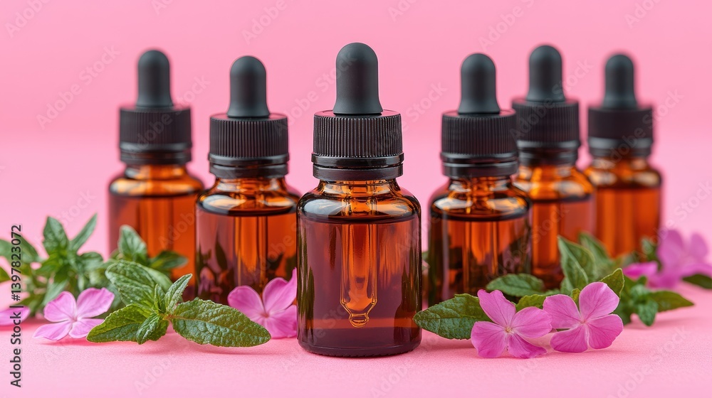 Six bottles with dropper, surrounded by foliage and flowers. Pink background Six bottles with dropper, surrounded by foliage and flowers. Pink background