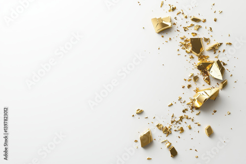 Shattered gold pieces scattered on white background, creating striking visual