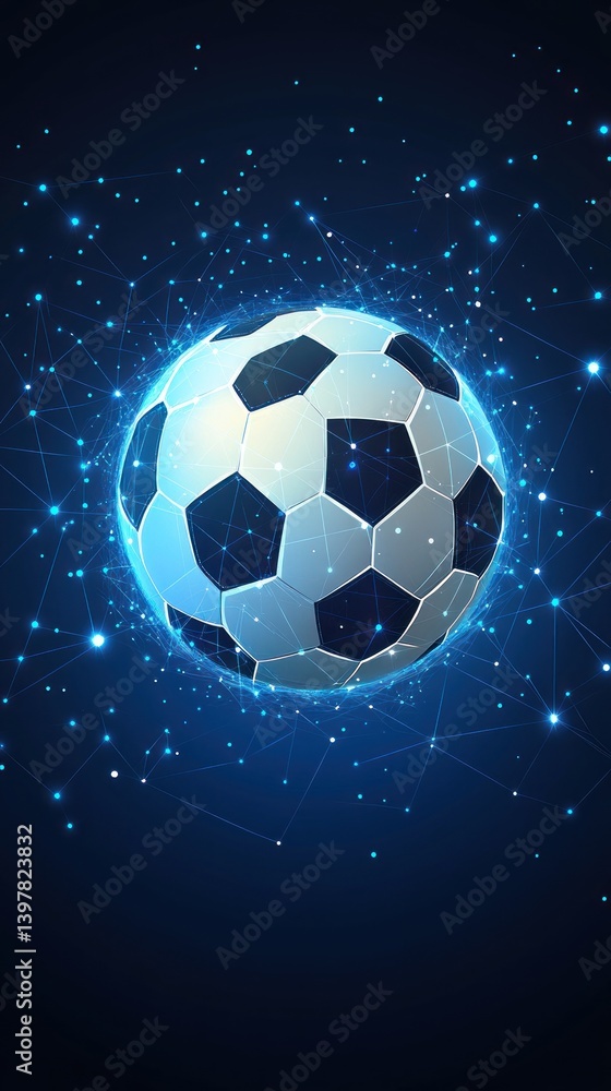 Fototapeta premium A futuristic soccer ball surrounded by glowing blue network elements