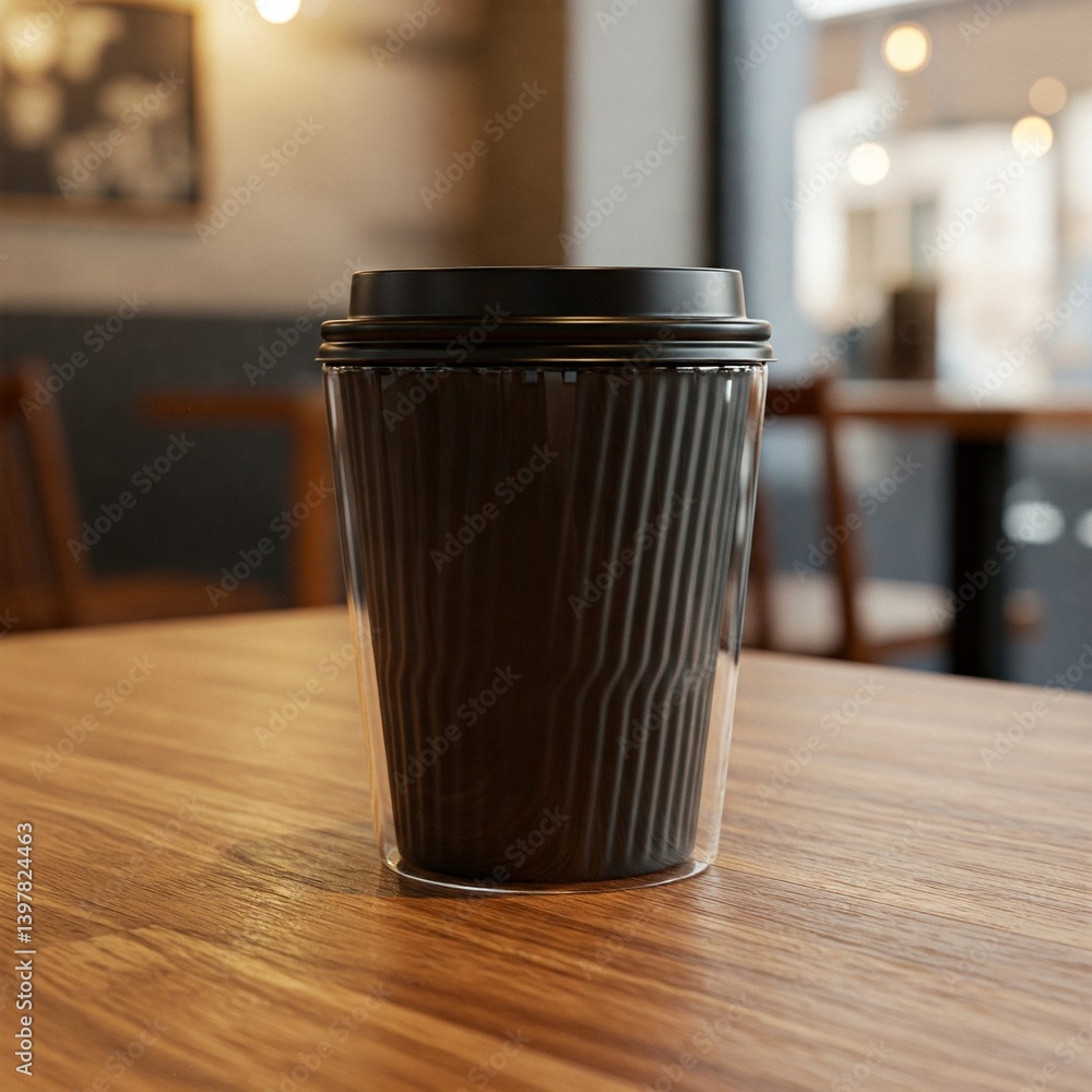 Elegant black textured coffee cup set on a wooden table, portraying a modern vibe. Elegant black textured coffee cup set on a wooden table, portraying a modern vibe.