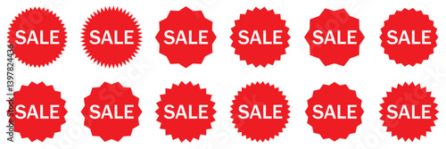 Starburst sale price stickers and labels, star and rosette, sunburst, callout and splash,
 stamp and tag badges. Isolated vector circle and oval red stickers