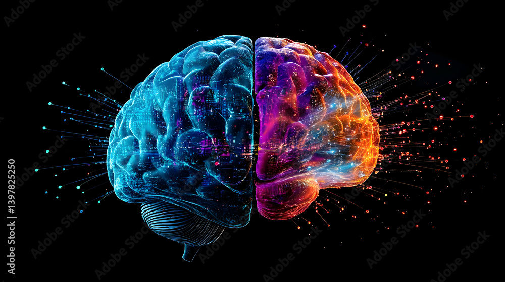 Digital brain visualization with blue and orange neural networks on black background Digital brain visualization with blue and orange neural networks on black background