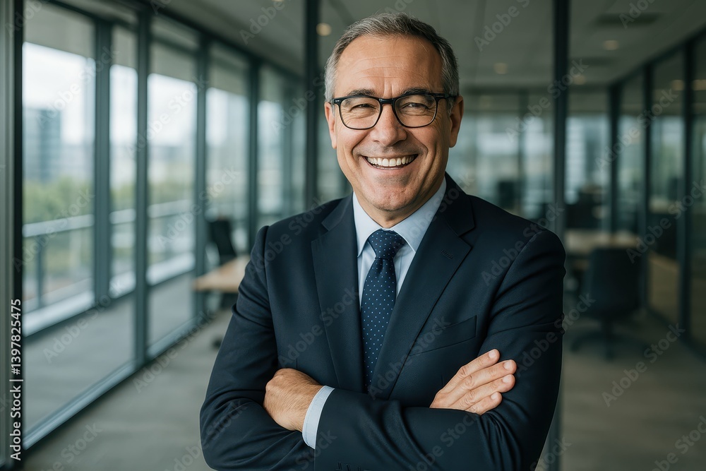 Confident Business Executive Smiling in Modern Office Setting Confident Business Executive Smiling in Modern Office Setting