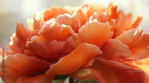 Fototapeta Naklejka Na Ścianę i Meble -  A deep orange peony in peak bloom, layered ruffled petals glowing under soft sunlight, intricate floral textures in sharp focus, blurred minimal background