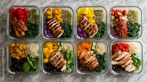 A row of glass meal prep containers filled with colorful vegetables, grilled chicken, and quinoa, arranged neatly on a marble kitchen counter
