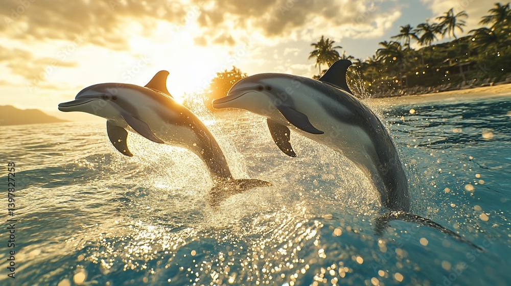 Obraz premium Dolphins leaping at sunset, tropical beach