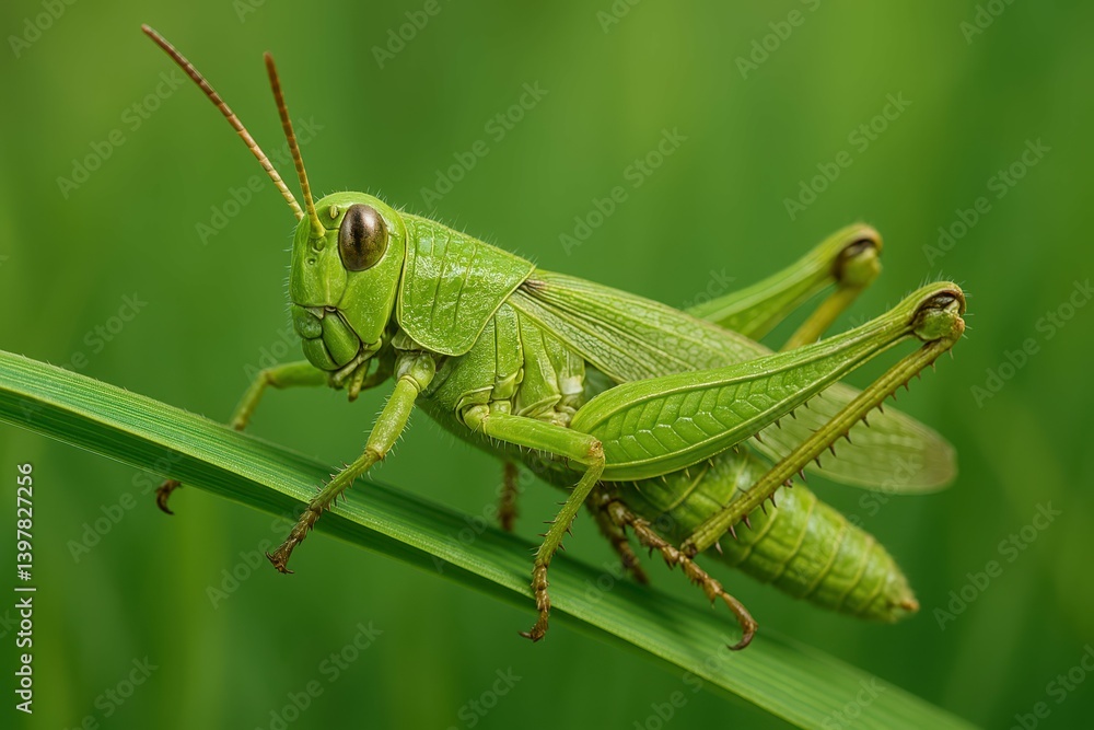Close-Up of a Green Grasshopper on a Blade of Grass Close-Up of a Green Grasshopper on a Blade of Grass