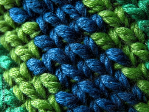 A macro view of a vibrant hand-knitted fabric, showcasing a rich interplay of colors and textures in stunning detail.