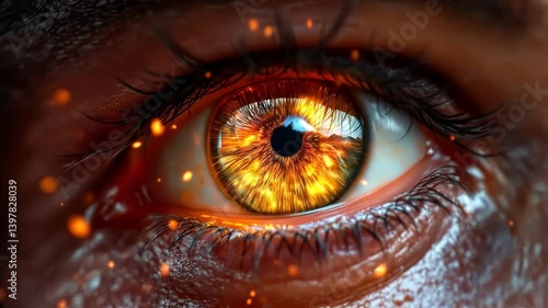 A close-up of a human eye, featuring a stunning reflection of a fiery landscape inside the iris.  
