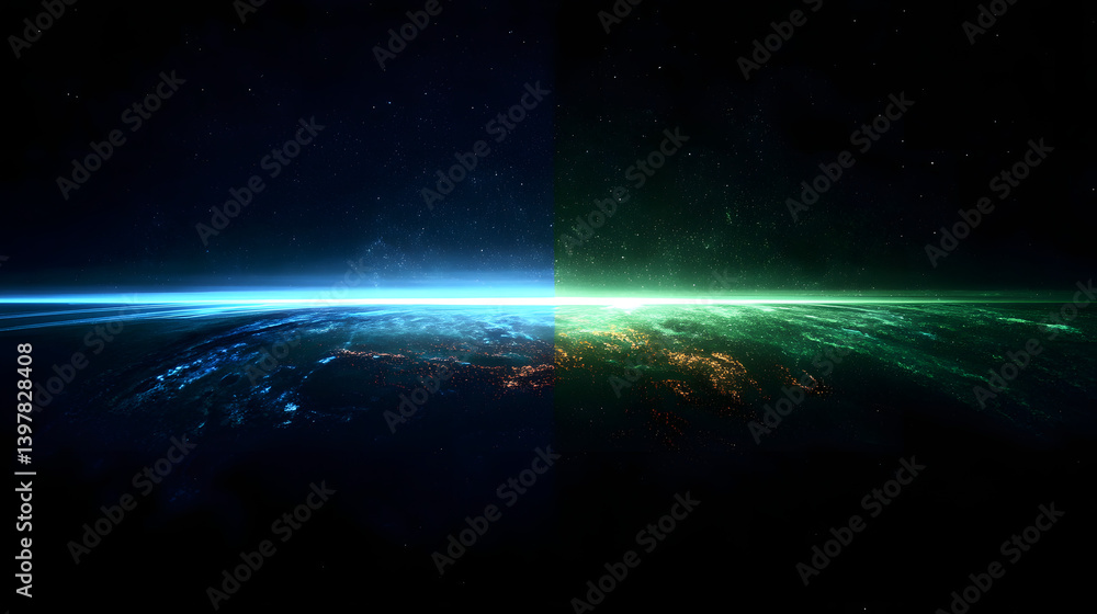 Obraz premium Earth Hour abstract background. Featuring deep blacks, blues, and greens. Highlighting sustainability, unity, and awareness. Ideal for environmental campaigns and events