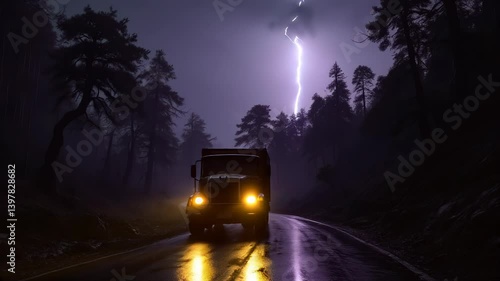 A truck drives along a rain-soaked forest road, illuminated by lightning in a dark and ominous atmosphere.  
