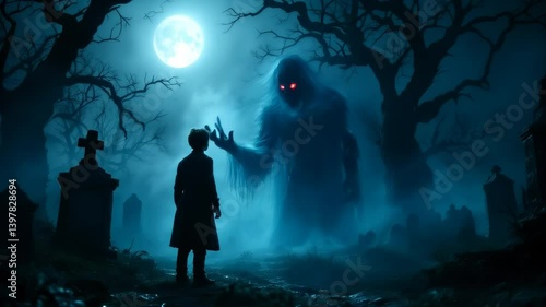 A young boy faces a looming ghost with glowing red eyes in a foggy graveyard under a full moon.  
