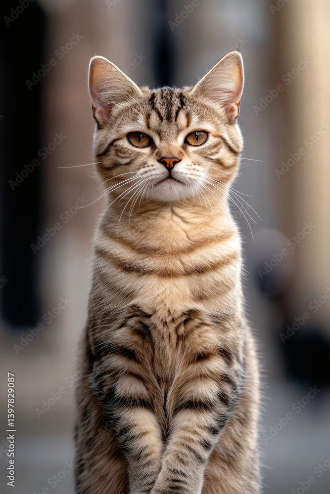 Striking tabby cat with amber eyes, posing against a blurred backdrop in a vertical, eye-level shot. Striking tabby cat with amber eyes, posing against a blurred backdrop in a vertical, eye-level shot.