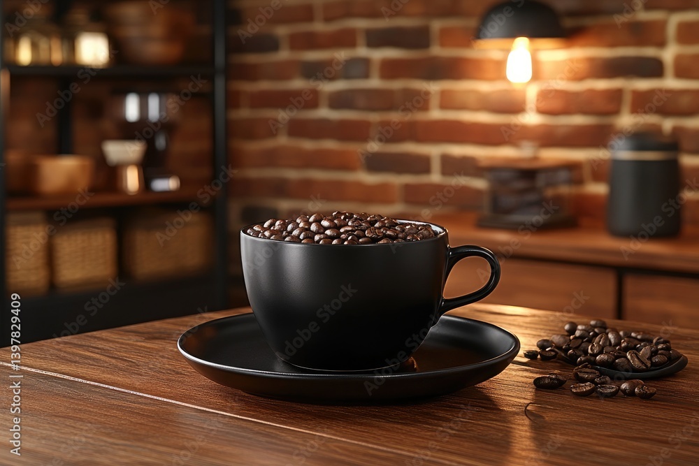 Obraz premium Coffee beans overflow a black mug on wooden table, brick wall background