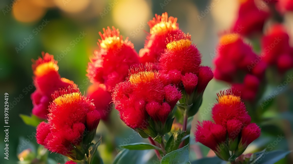A glowing crimson celosia in full bloom, flame-like petals forming a stunning texture, ultra-detailed macro shot, illuminated by natural lighting A glowing crimson celosia in full bloom, flame-like petals forming a stunning texture, ultra-detailed macro shot, illuminated by natural lighting