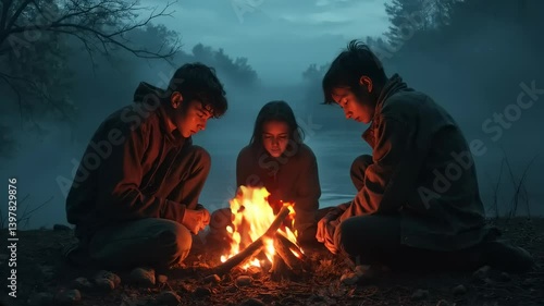 Three children gather around a campfire on a misty evening in the woods, sharing an intimate moment in nature.  
