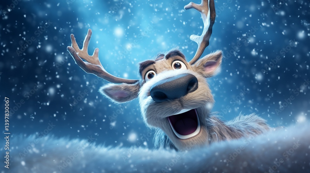 Fototapeta premium Playful Reindeer in Snowfall A Magical Christmas Card Scene With an Adorable Woodland Creature