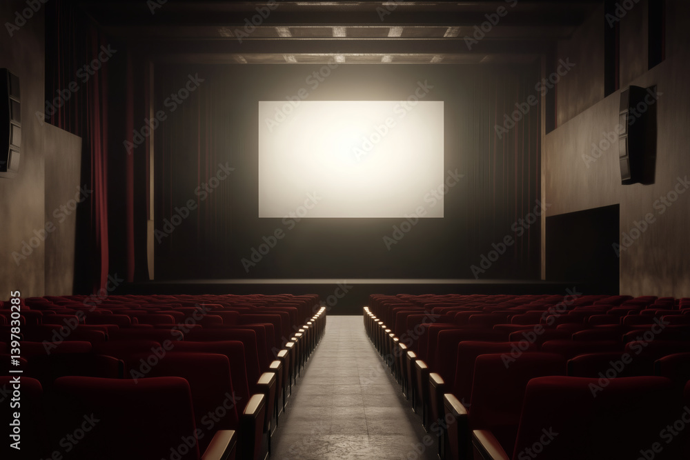 Fototapeta premium Empty Theater: Rows of red velvet seats face a bright, inviting screen in a classic movie house setting.