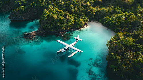 A seaplane approaching a lush tropical island with turquoise waters, symbolizing adventure