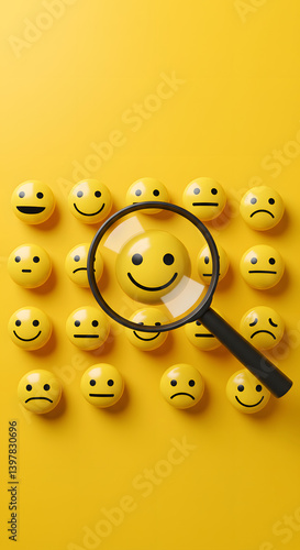 Magnifying glass hovering over various yellow emoji icons representing feedback or reviews on a bright background. Concept for customer satisfaction analysis, sentiment research.