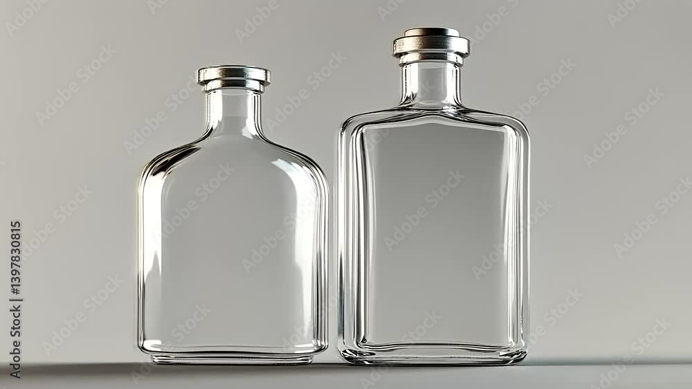 Two elegant glass bottles with sleek designs placed side by side on a neutral background Two elegant glass bottles with sleek designs placed side by side on a neutral background