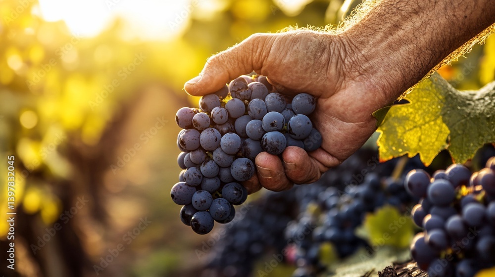 Fototapeta premium Farmer examines ripe grapes in sunlit vineyard
