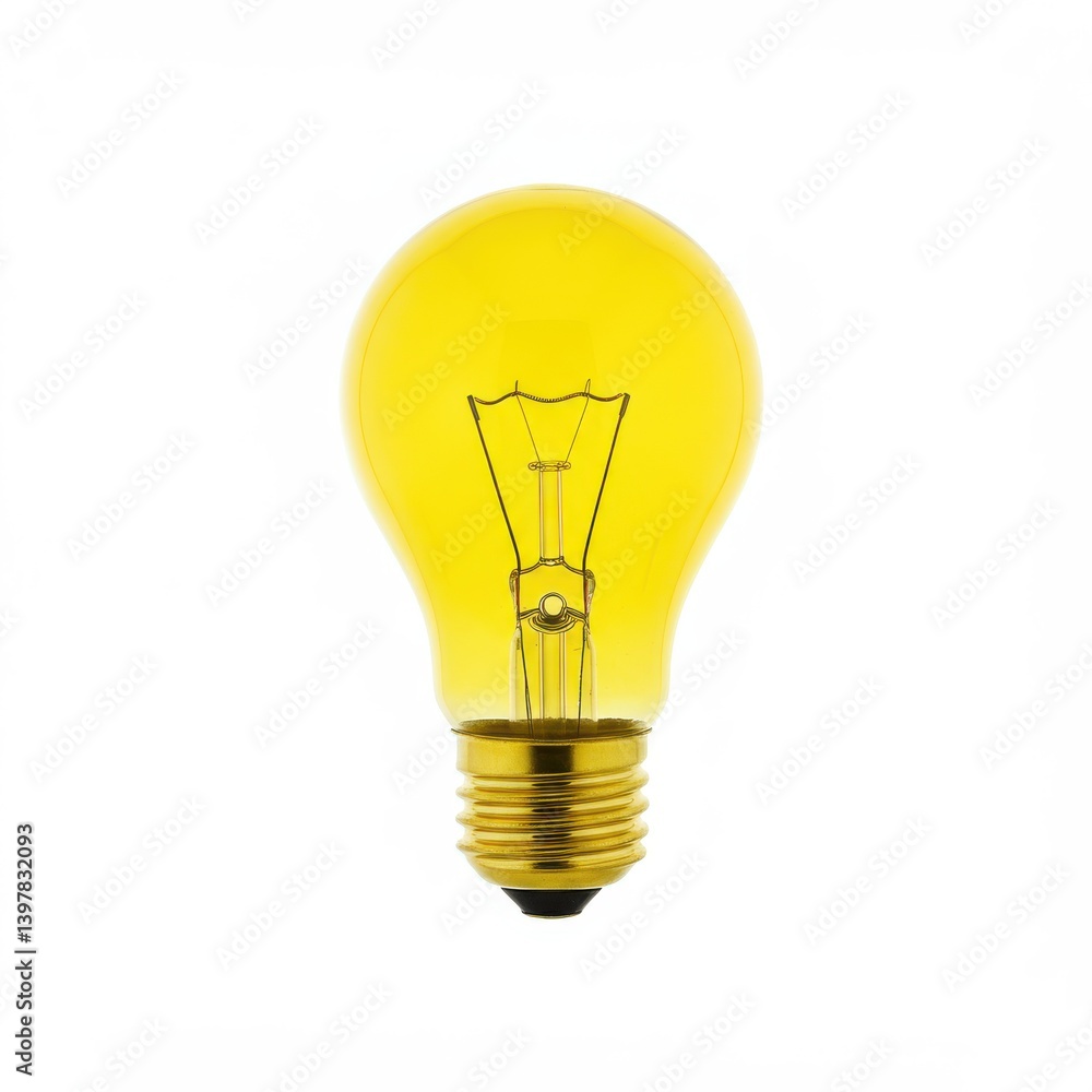 Isolated yellow light bulb with a golden base and visible filament on a plain white background Isolated yellow light bulb with a golden base and visible filament on a plain white background