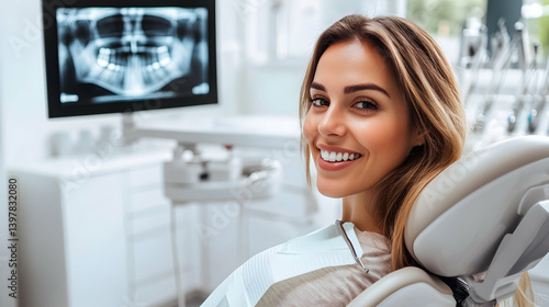A smiling patient sits in a dental chair while a digital X-ray monitor displays modern dental diagnostics in the background