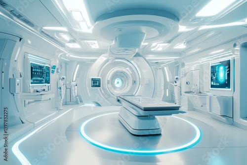 Futuristic medical laboratory featuring advanced vr technology in a light blue and white aesthetic
